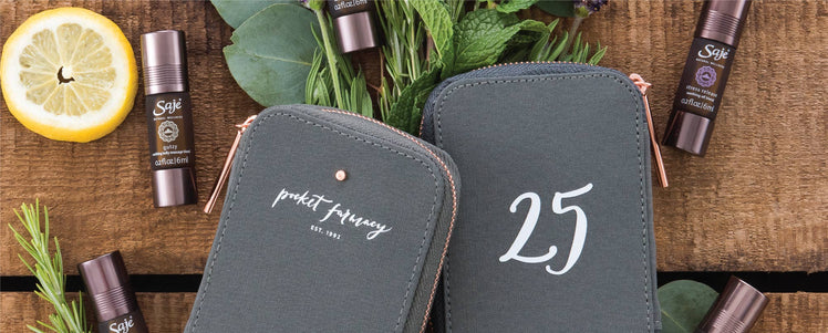 Cheers to 25 years pocket farmacy placed with lemon, mint and Saje roll-ons 