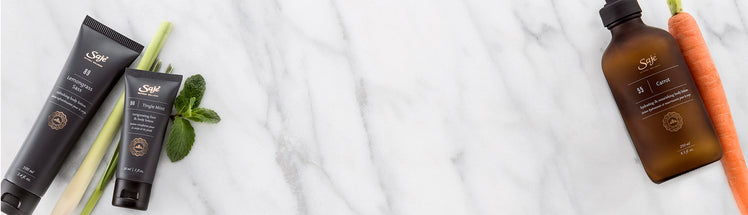 Saje body lotions placed with carrot, mint and lemongrass