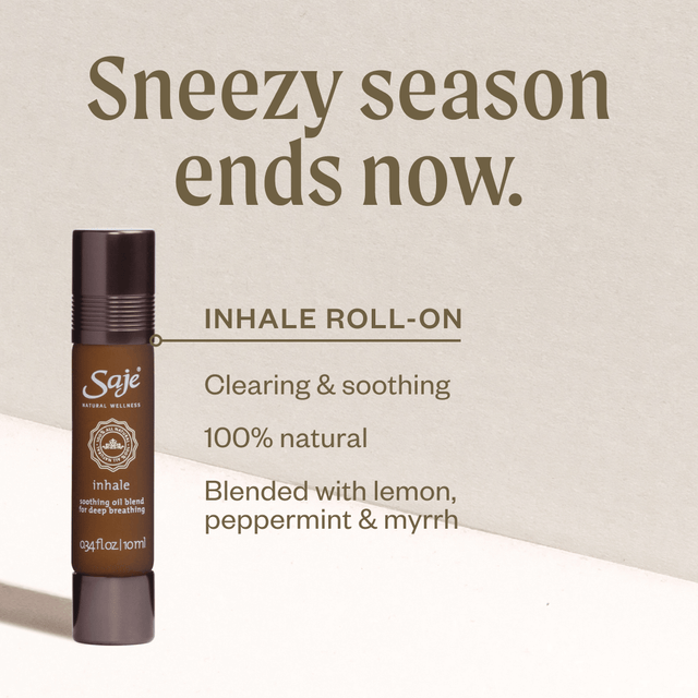 Inhale roll-on against a beige background with text highlighting the benefits of the product