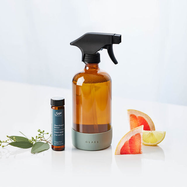 Glass & Mirror Cleaning Kit Grapefruit & Palmarosa refillable glass spray bottle and natural cleaning extract with lemon, grapefruit and palmarosa